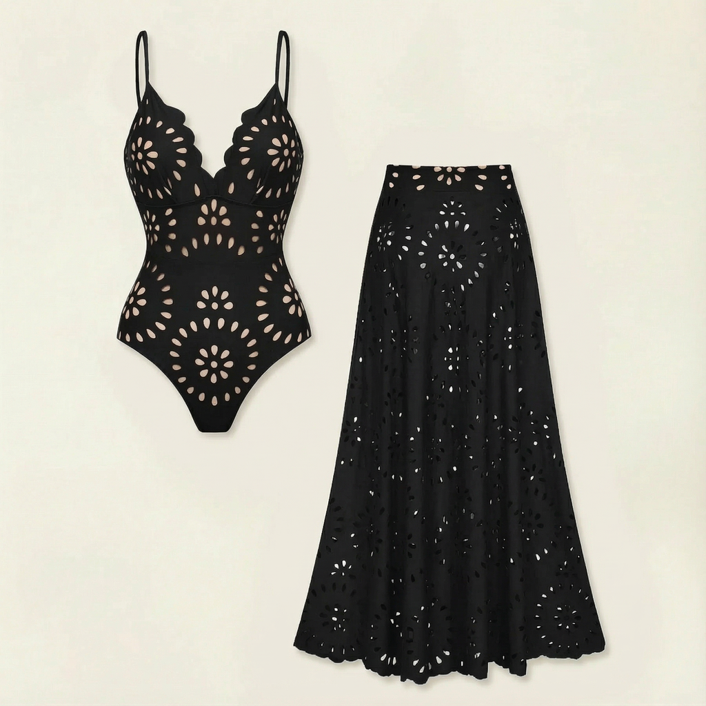 Iselle™ – Elegant V-Neck Swimsuit & Skirt Set